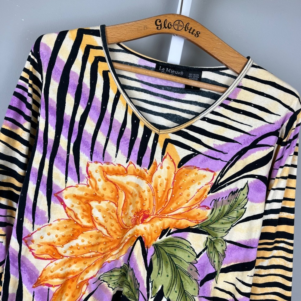 Vintage Y2K Le Mieux Studio Shirt Top Womens L Sequin Embellished Floral Cropped